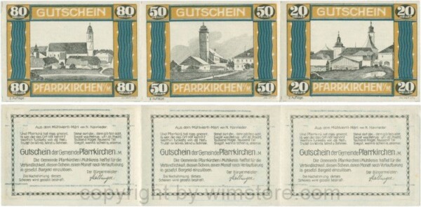 Pfarrkirchen im Mühlkreis, G744.2c, Bogen, 80/50/20 Heller, 2. Auflage, Papier weis, Rahmen braun/blaugrün, 1, gefaltet
