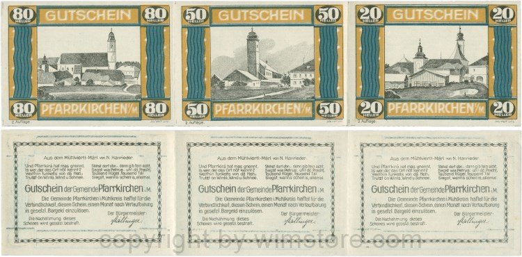Pfarrkirchen im Mühlkreis, G744.2c, Bogen, 80/50/20 Heller, 2. Auflage, Papier weis, Rahmen braun/blaugrün, 1, gefaltet