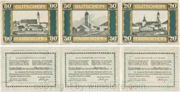 Pfarrkirchen im Mühlkreis, G744.2c, Bogen, 80/50/20 Heller, 2. Auflage, Papier weis, Rahmen braun/blaugrün, 1-, gefaltet