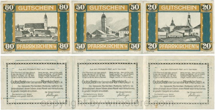 Pfarrkirchen im Mühlkreis, G744.2c, Bogen, 80/50/20 Heller, 2. Auflage, Papier weis, Rahmen braun/blaugrün, 1-, gefaltet