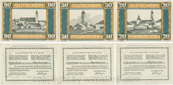 Pfarrkirchen im Mühlkreis, G744.2c, Bogen, 80/50/20 Heller, 2. Auflage, Papier weis, Rahmen braun/blaugrün, 1-, gefaltet