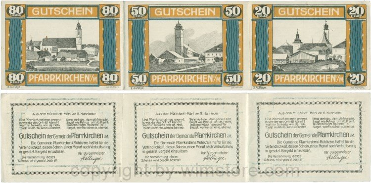 Pfarrkirchen im Mühlkreis, G744.2c, Bogen, 80/50/20 Heller, 2. Auflage, Papier weis, Rahmen braun/blaugrün, 1-, gefaltet