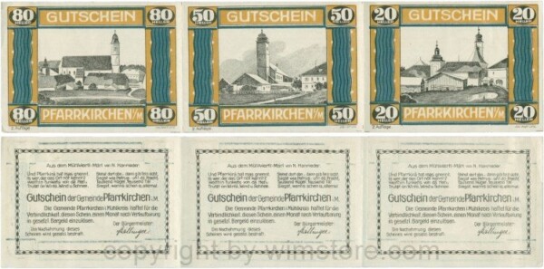 Pfarrkirchen im Mühlkreis, G744.2c, Bogen, 80/50/20 Heller, 2. Auflage, Papier weis, Rahmen braun/blaugrün, 1-, gefaltet