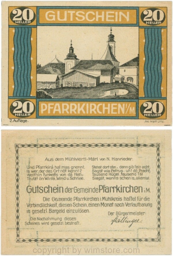 Pfarrkirchen im Mühlkreis, G744.2d, 20 Heller, 2. Auflage, Papier gelblich, Rahmen braun/blaugrün, 1