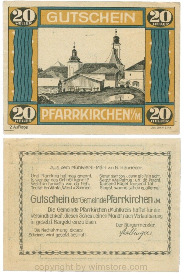 Pfarrkirchen im Mühlkreis, G744.2d, 20 Heller, 2. Auflage, Papier gelblich, Rahmen braun/blaugrün, 1-