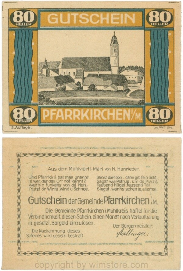 Pfarrkirchen im Mühlkreis, G744.2d, 80 Heller, 2. Auflage, Papier gelblich, Rahmen braun/blaugrün, 1