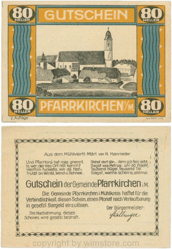 Pfarrkirchen im Mühlkreis, G744.2d, 80 Heller, 2. Auflage, Papier gelblich, Rahmen braun/blaugrün, 1-
