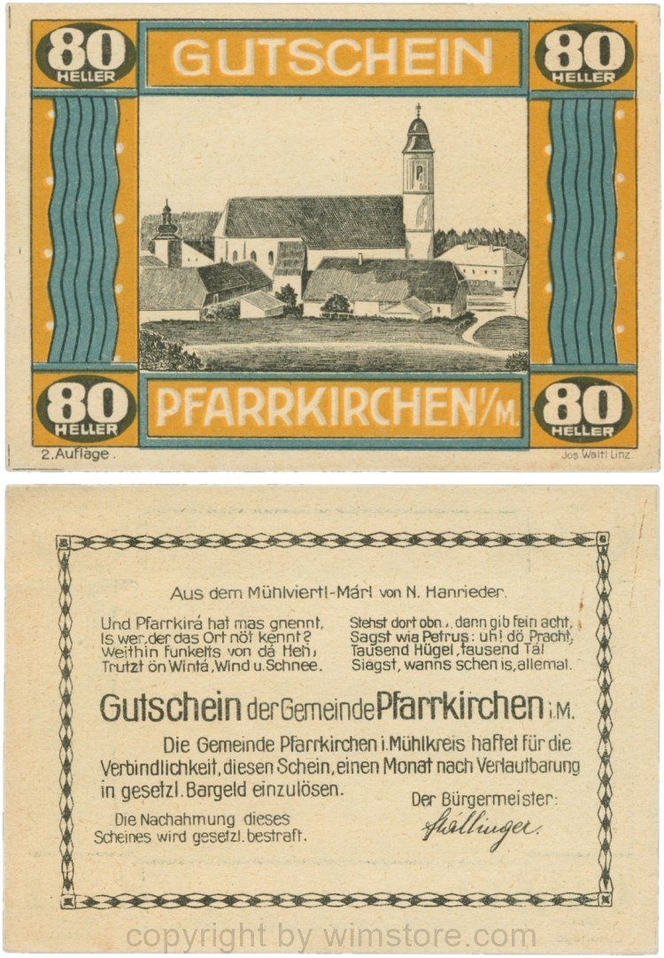 Pfarrkirchen im Mühlkreis, G744.2d, 80 Heller, 2. Auflage, Papier gelblich, Rahmen braun/blaugrün, 1-