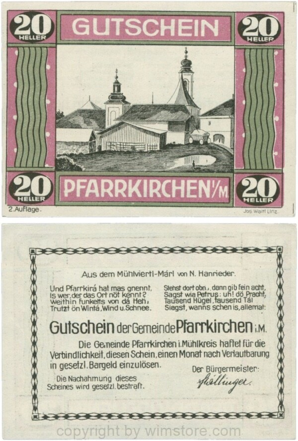 Pfarrkirchen im Mühlkreis, G744.2e, 20 Heller, 2. Auflage, Papier weiss, Rahmen weinrot/grün, 1