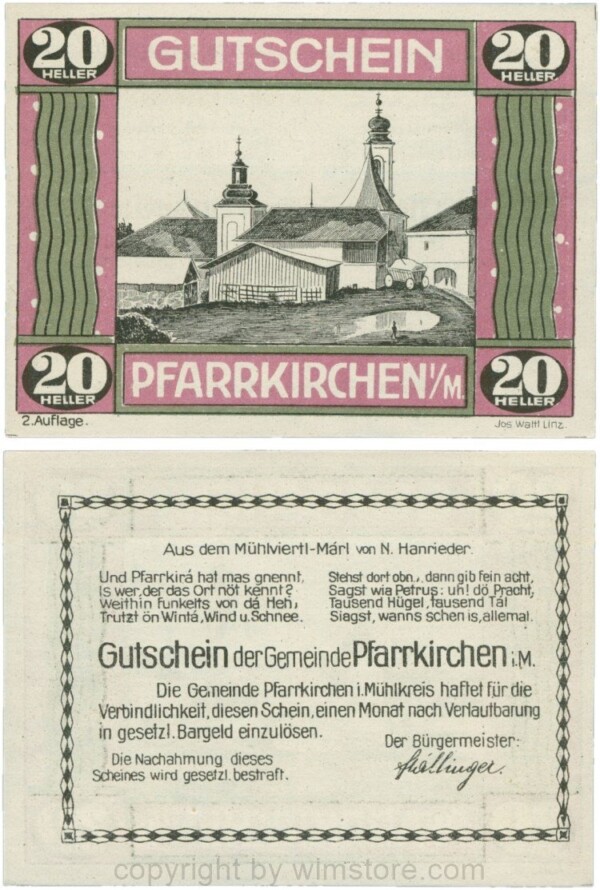 Pfarrkirchen im Mühlkreis, G744.2e, 20 Heller, 2. Auflage, Papier weiss, Rahmen weinrot/grün, 1