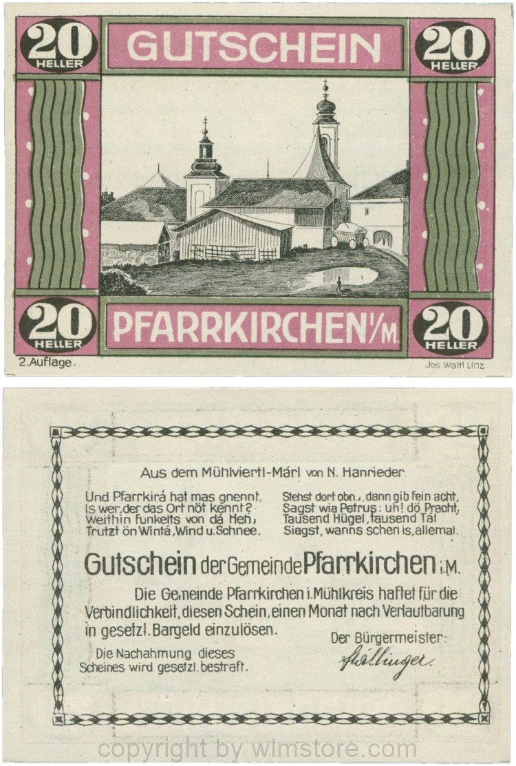 Pfarrkirchen im Mühlkreis, G744.2e, 20 Heller, 2. Auflage, Papier weiss, Rahmen weinrot/grün, 1