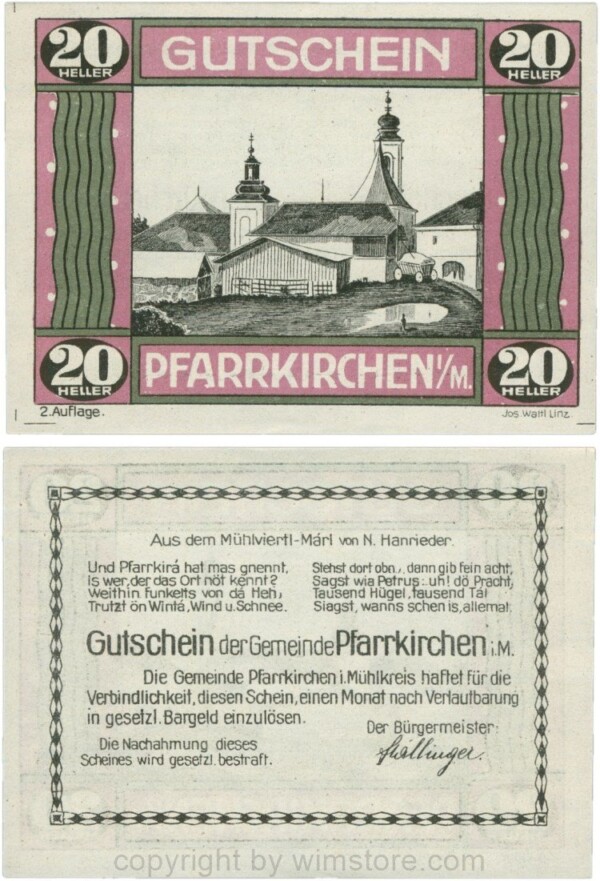 Pfarrkirchen im Mühlkreis, G744.2e, 20 Heller, 2. Auflage, Papier weiss, Rahmen weinrot/grün, 1