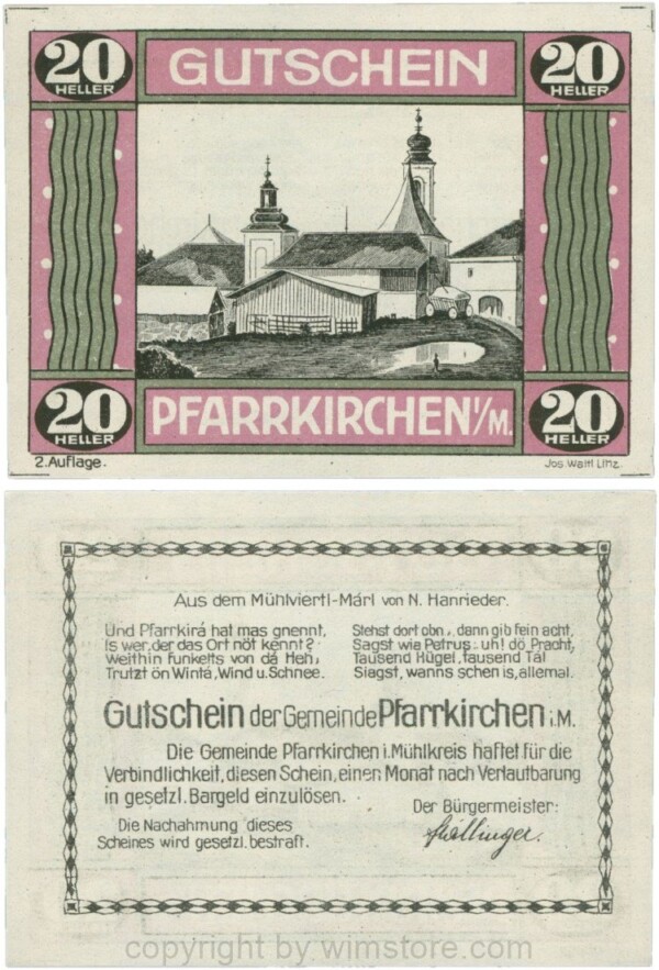 Pfarrkirchen im Mühlkreis, G744.2e, 20 Heller, 2. Auflage, Papier weiss, Rahmen weinrot/grün, 1