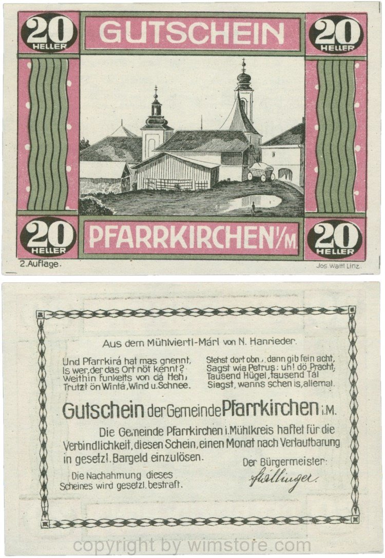Pfarrkirchen im Mühlkreis, G744.2e, 20 Heller, 2. Auflage, Papier weiss, Rahmen weinrot/grün, 1
