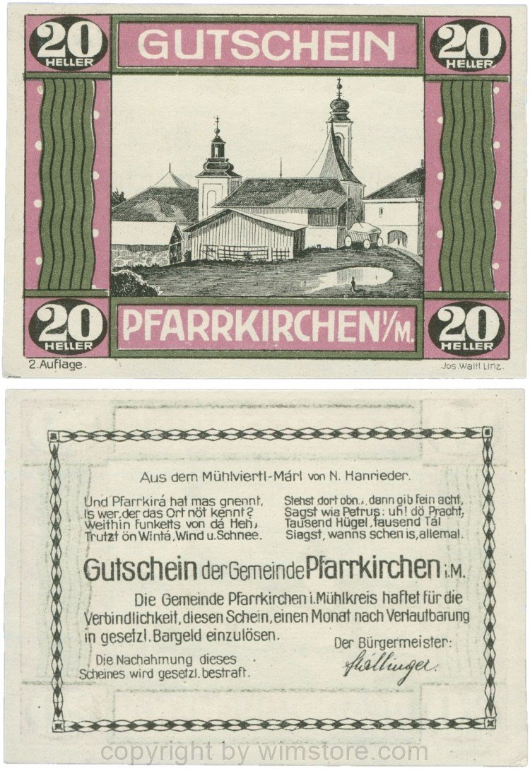 Pfarrkirchen im Mühlkreis, G744.2e, 20 Heller, 2. Auflage, Papier weiss, Rahmen weinrot/grün, 1-