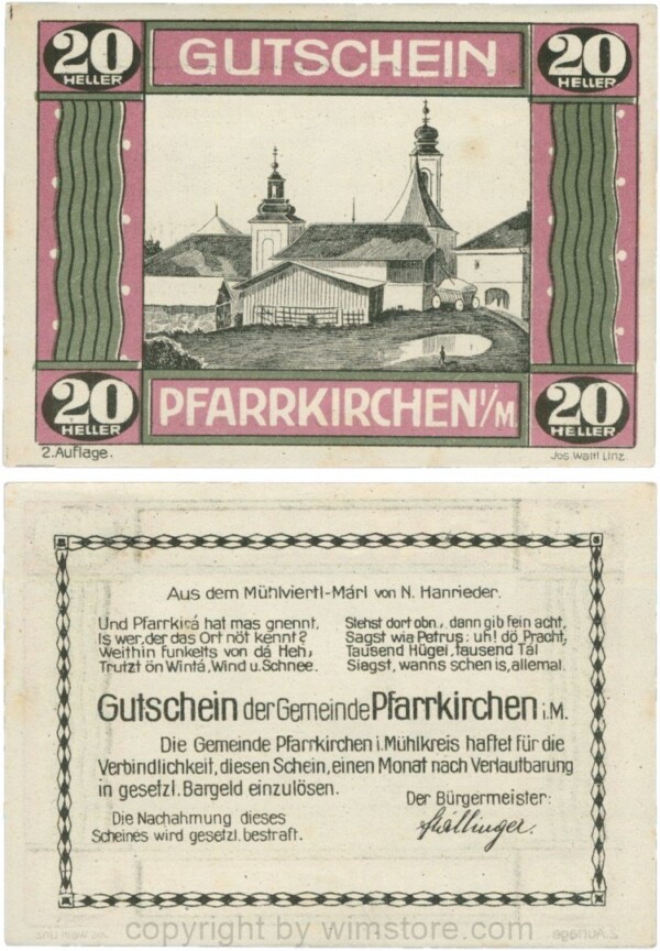 Pfarrkirchen im Mühlkreis, G744.2e, 20 Heller, 2. Auflage, Papier weiss, Rahmen weinrot/grün, 1-