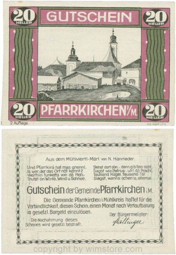 Pfarrkirchen im Mühlkreis, G744.2e, 20 Heller, 2. Auflage, Papier weiss, Rahmen weinrot/grün, 1-