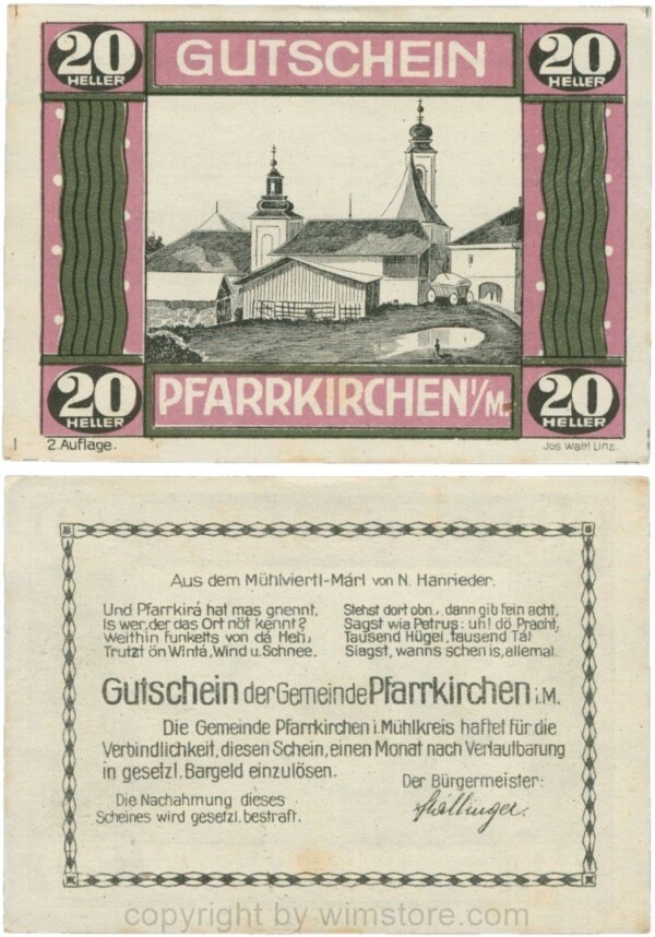 Pfarrkirchen im Mühlkreis, G744.2e, 20 Heller, 2. Auflage, Papier weiss, Rahmen weinrot/grün, 1-