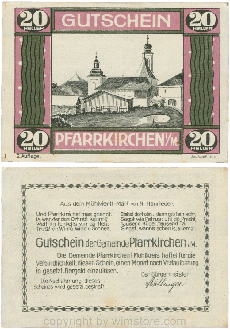 Pfarrkirchen im Mühlkreis, G744.2e, 20 Heller, 2. Auflage, Papier weiss, Rahmen weinrot/grün, 1-