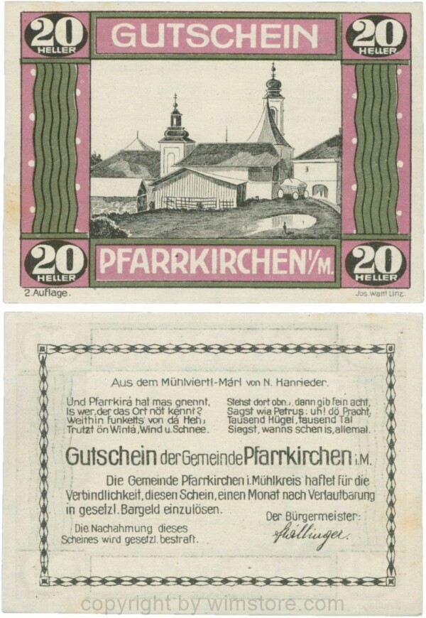 Pfarrkirchen im Mühlkreis, G744.2e, 20 Heller, 2. Auflage, Papier weiss, Rahmen weinrot/grün, 1-