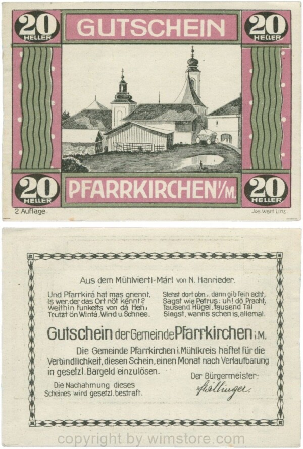 Pfarrkirchen im Mühlkreis, G744.2e, 20 Heller, 2. Auflage, Papier weiss, Rahmen weinrot/grün, 1-
