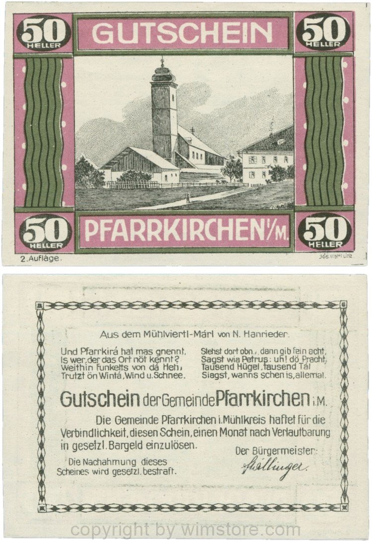 Pfarrkirchen im Mühlkreis, G744.2e, 50 Heller, 2. Auflage, Papier weiss, Rahmen weinrot/grün, 1