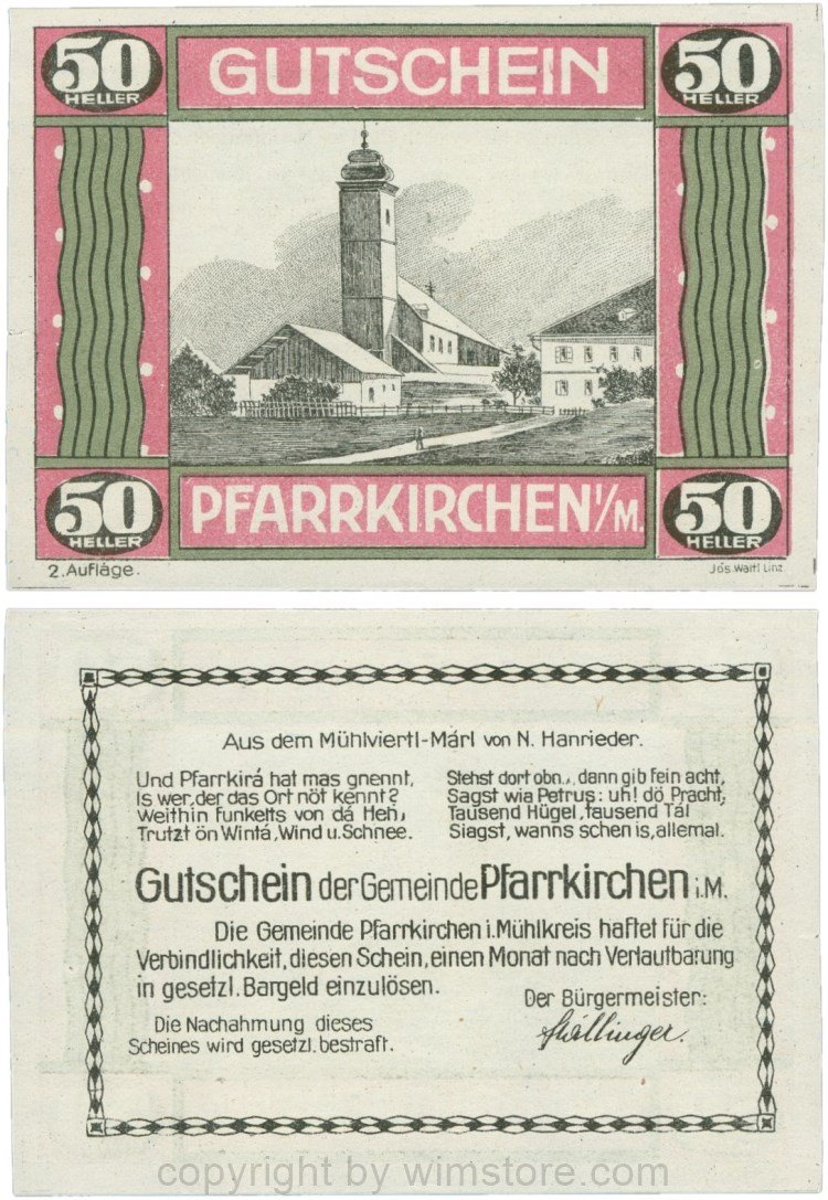 Pfarrkirchen im Mühlkreis, G744.2e, 50 Heller, 2. Auflage, Papier weiss, Rahmen weinrot/grün, 1