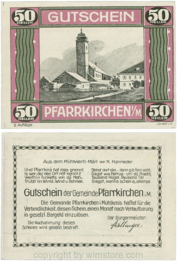 Pfarrkirchen im Mühlkreis, G744.2e, 50 Heller, 2. Auflage, Papier weiss, Rahmen weinrot/grün, 1