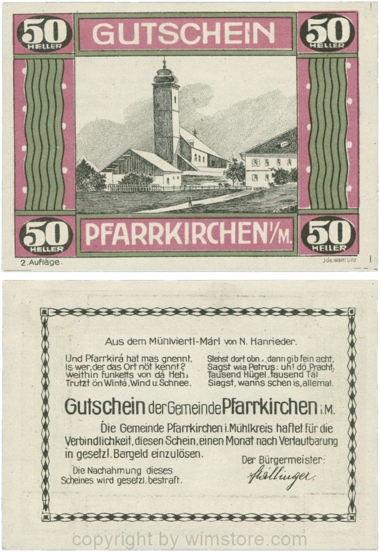 Pfarrkirchen im Mühlkreis, G744.2e, 50 Heller, 2. Auflage, Papier weiss, Rahmen weinrot/grün, 1