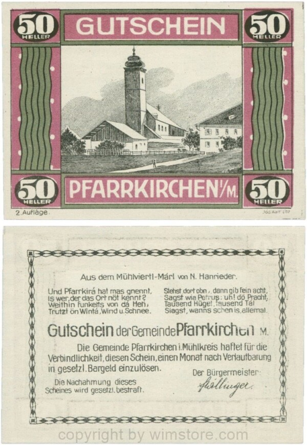 Pfarrkirchen im Mühlkreis, G744.2e, 50 Heller, 2. Auflage, Papier weiss, Rahmen weinrot/grün, 1