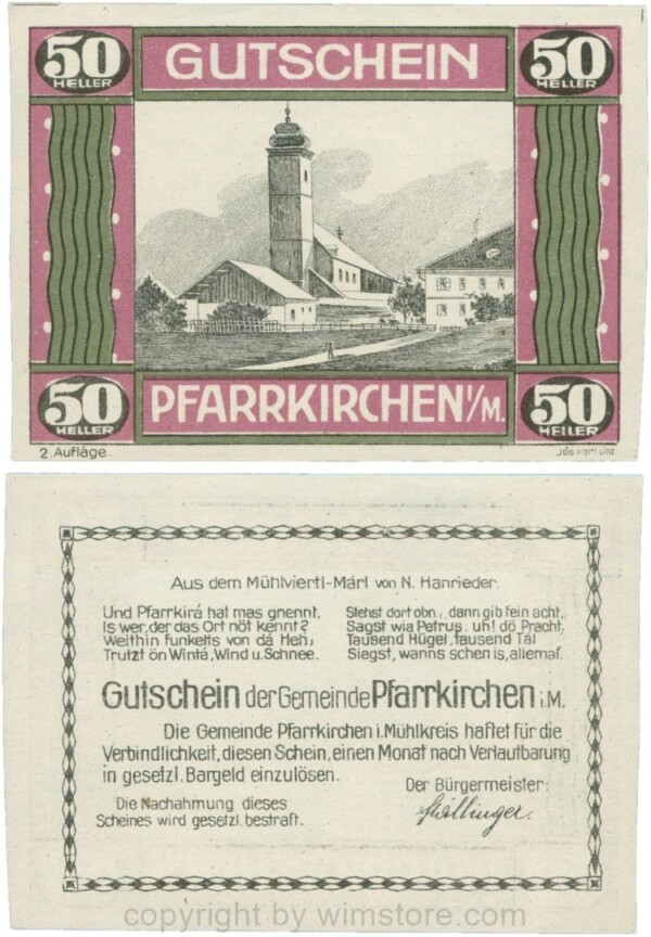 Pfarrkirchen im Mühlkreis, G744.2e, 50 Heller, 2. Auflage, Papier weiss, Rahmen weinrot/grün, 1