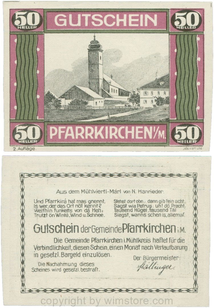 Pfarrkirchen im Mühlkreis, G744.2e, 50 Heller, 2. Auflage, Papier weiss, Rahmen weinrot/grün, 1