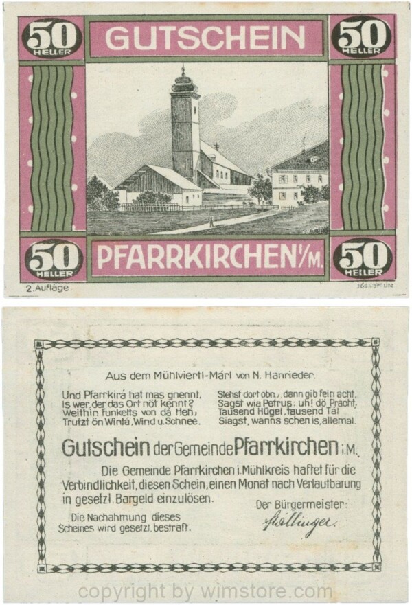 Pfarrkirchen im Mühlkreis, G744.2e, 50 Heller, 2. Auflage, Papier weiss, Rahmen weinrot/grün, 1-