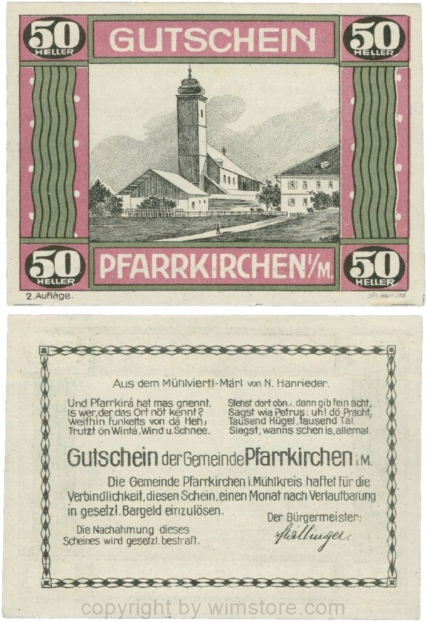 Pfarrkirchen im Mühlkreis, G744.2e, 50 Heller, 2. Auflage, Papier weiss, Rahmen weinrot/grün, 1-