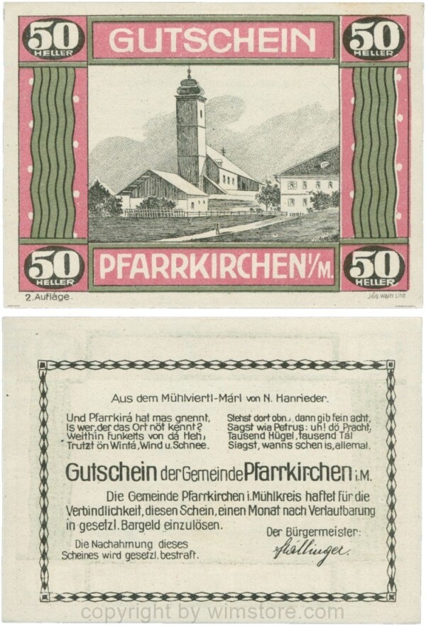 Pfarrkirchen im Mühlkreis, G744.2e, 50 Heller, 2. Auflage, Papier weiss, Rahmen weinrot/grün, 1-
