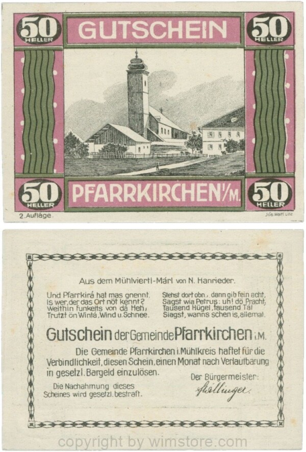 Pfarrkirchen im Mühlkreis, G744.2e, 50 Heller, 2. Auflage, Papier weiss, Rahmen weinrot/grün, 1-