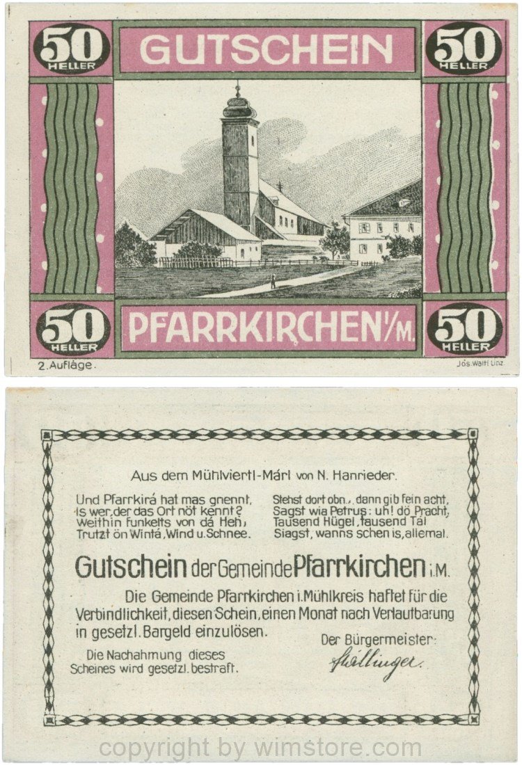 Pfarrkirchen im Mühlkreis, G744.2e, 50 Heller, 2. Auflage, Papier weiss, Rahmen weinrot/grün, 1-