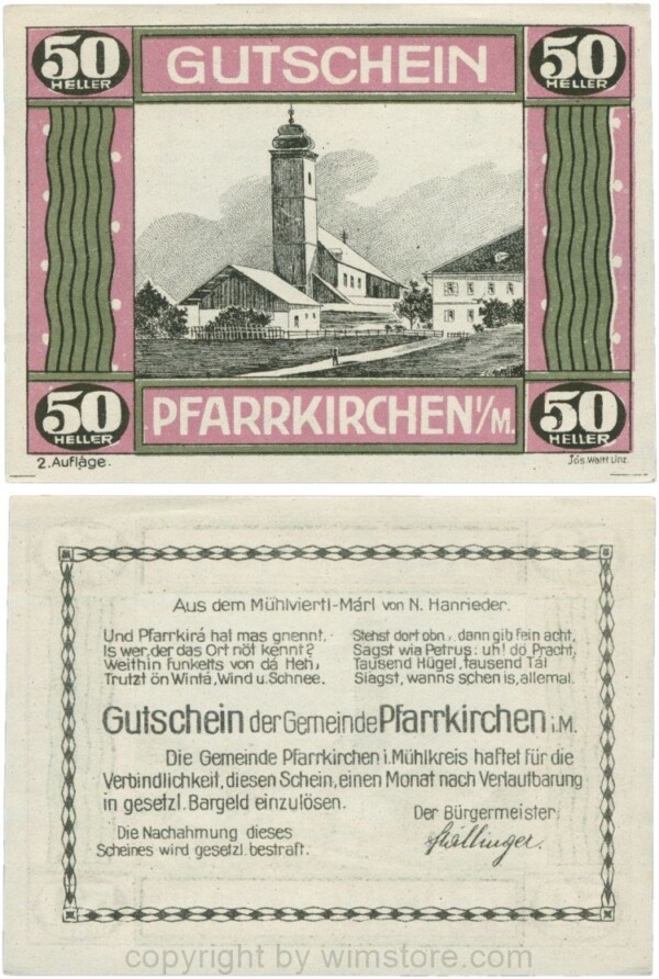 Pfarrkirchen im Mühlkreis, G744.2e, 50 Heller, 2. Auflage, Papier weiss, Rahmen weinrot/grün, 1-