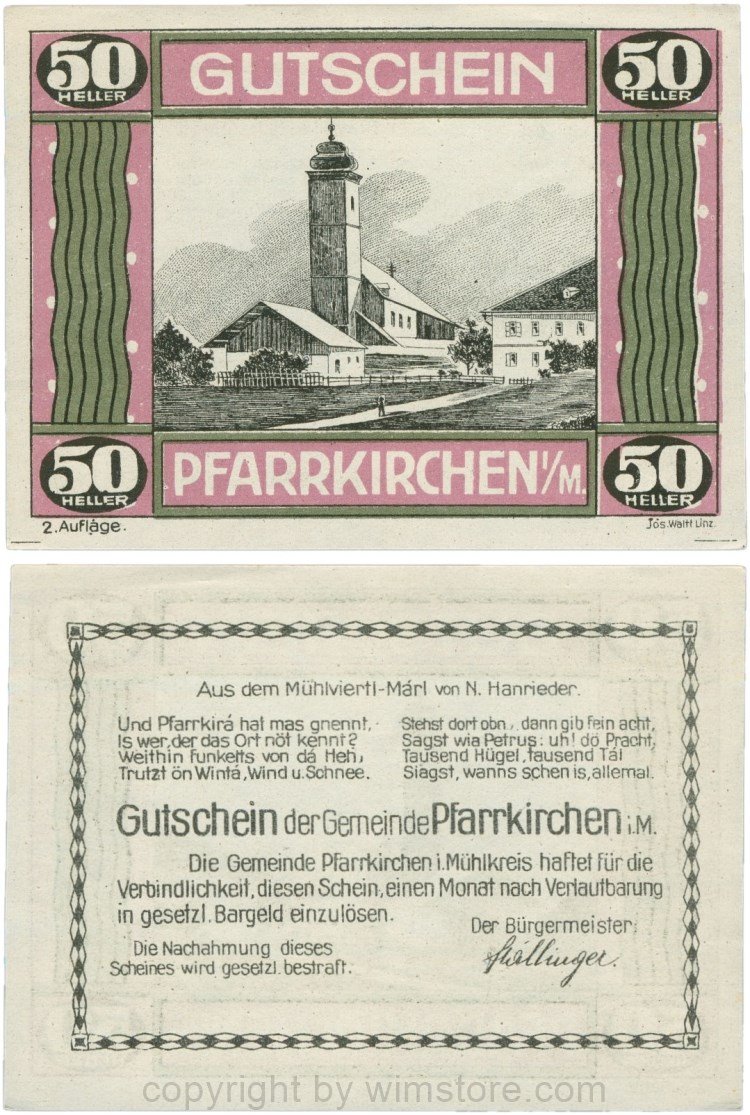 Pfarrkirchen im Mühlkreis, G744.2e, 50 Heller, 2. Auflage, Papier weiss, Rahmen weinrot/grün, 1-