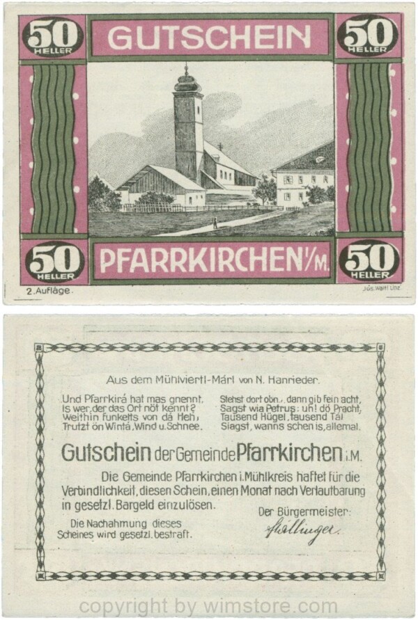 Pfarrkirchen im Mühlkreis, G744.2e, 50 Heller, 2. Auflage, Papier weiss, Rahmen weinrot/grün, 1-