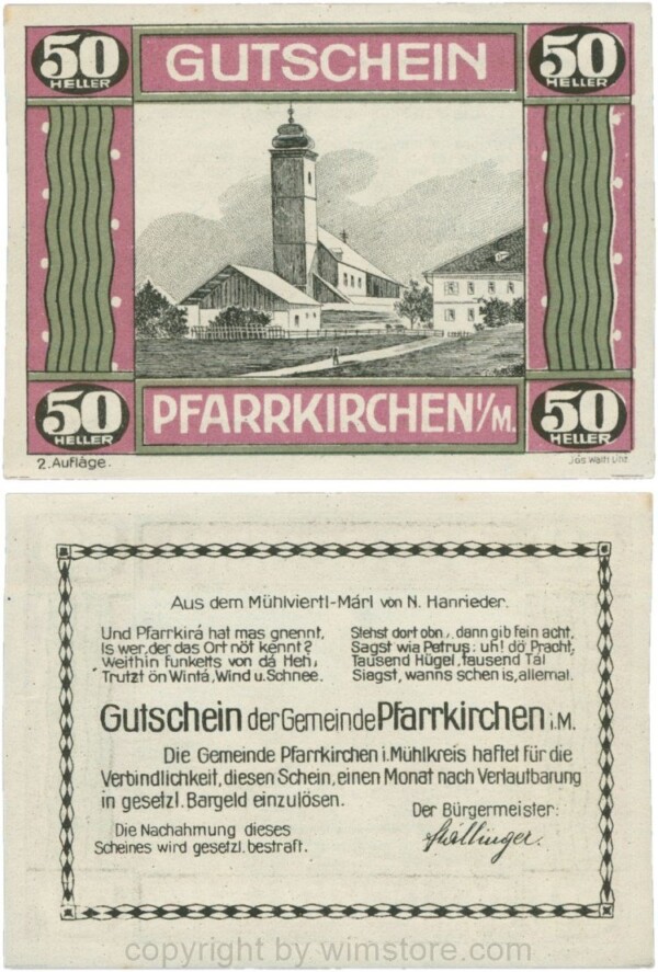 Pfarrkirchen im Mühlkreis, G744.2e, 50 Heller, 2. Auflage, Papier weiss, Rahmen weinrot/grün, 1-