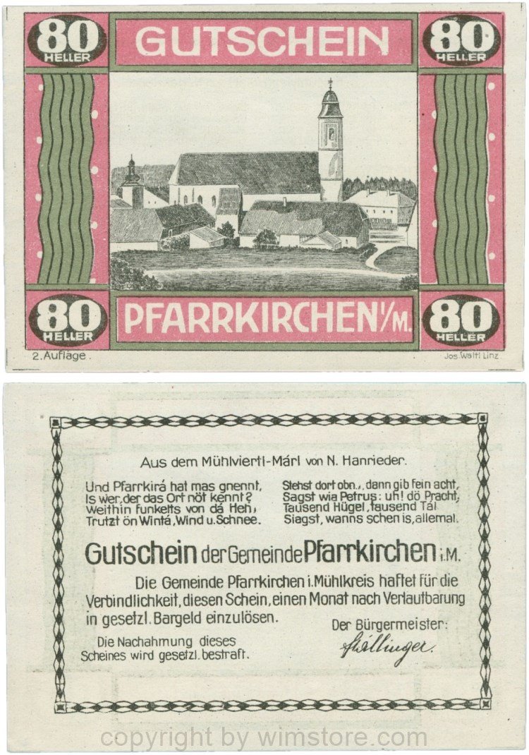 Pfarrkirchen im Mühlkreis, G744.2e, 80 Heller, 2. Auflage, Papier weiss, Rahmen weinrot/grün, 1