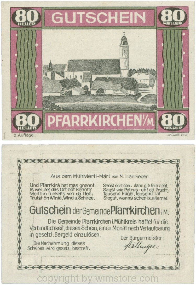 Pfarrkirchen im Mühlkreis, G744.2e, 80 Heller, 2. Auflage, Papier weiss, Rahmen weinrot/grün, 1
