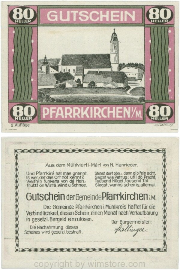 Pfarrkirchen im Mühlkreis, G744.2e, 80 Heller, 2. Auflage, Papier weiss, Rahmen weinrot/grün, 1