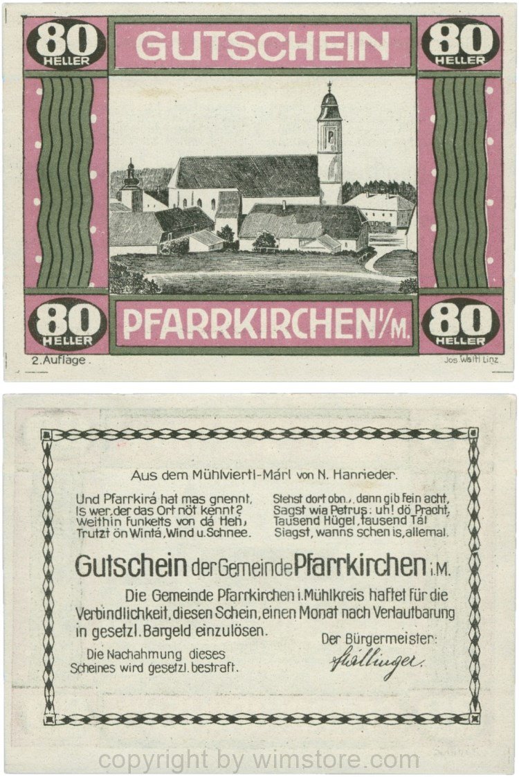 Pfarrkirchen im Mühlkreis, G744.2e, 80 Heller, 2. Auflage, Papier weiss, Rahmen weinrot/grün, 1