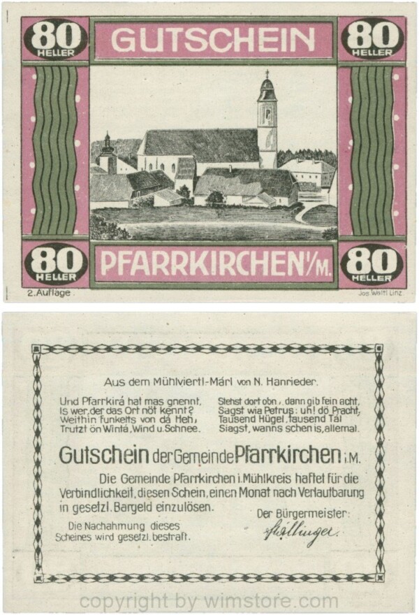 Pfarrkirchen im Mühlkreis, G744.2e, 80 Heller, 2. Auflage, Papier weiss, Rahmen weinrot/grün, 1