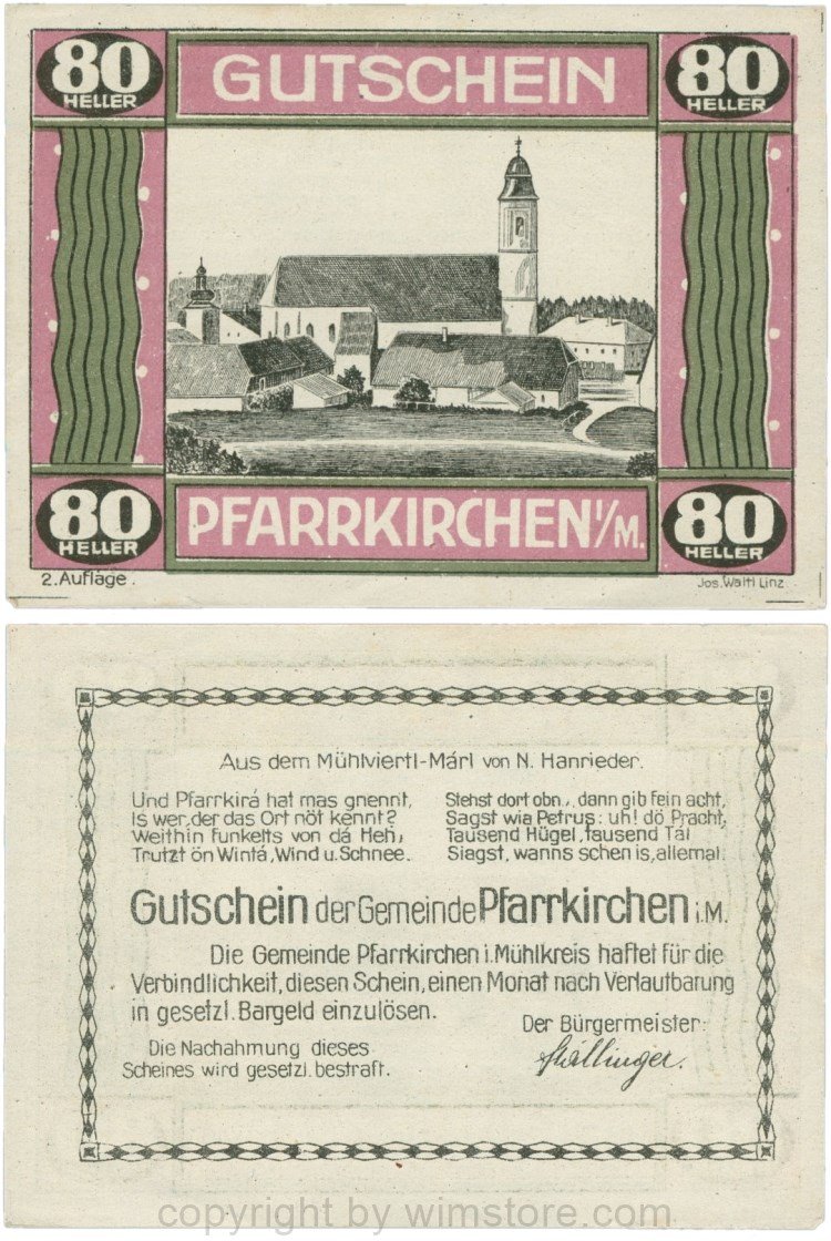 Pfarrkirchen im Mühlkreis, G744.2e, 80 Heller, 2. Auflage, Papier weiss, Rahmen weinrot/grün, 1-