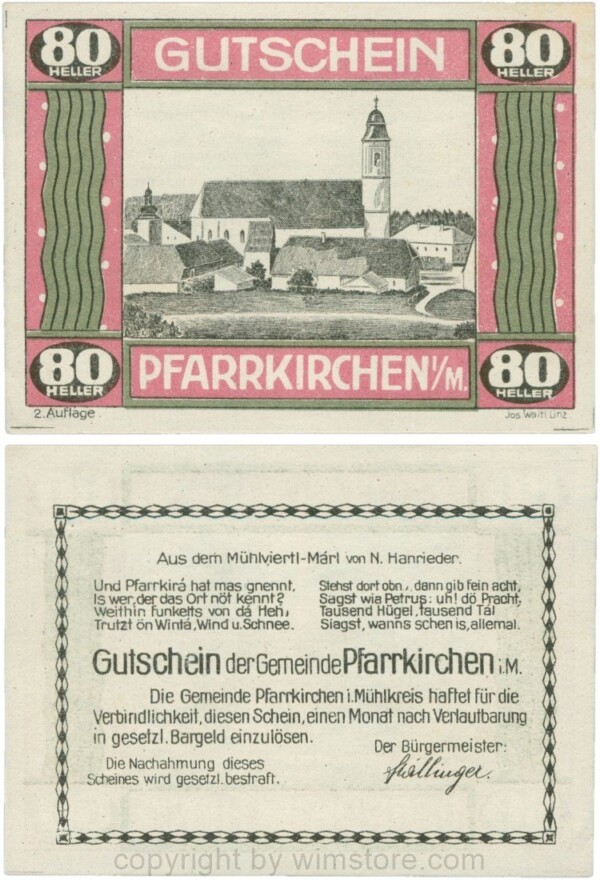Pfarrkirchen im Mühlkreis, G744.2e, 80 Heller, 2. Auflage, Papier weiss, Rahmen weinrot/grün, 1-