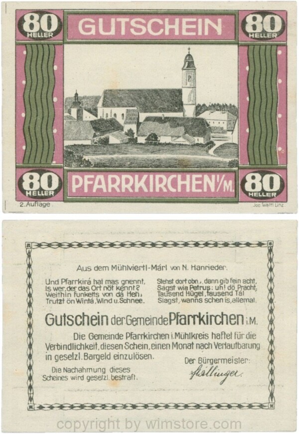 Pfarrkirchen im Mühlkreis, G744.2e, 80 Heller, 2. Auflage, Papier weiss, Rahmen weinrot/grün, 1-