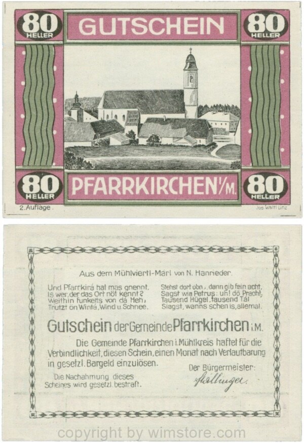 Pfarrkirchen im Mühlkreis, G744.2e, 80 Heller, 2. Auflage, Papier weiss, Rahmen weinrot/grün, 1-